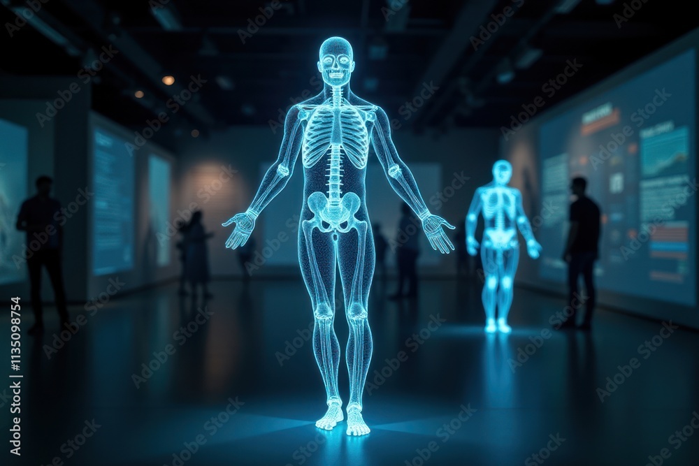 Human Skeleton Hologram in a Futuristic Museum. Ideal for tech-related projects, presentations, and futuristic designs. Human Skeleton Hologram in a Futuristic Museum. Ideal for tech-related projects, presentations, and futuristic designs.