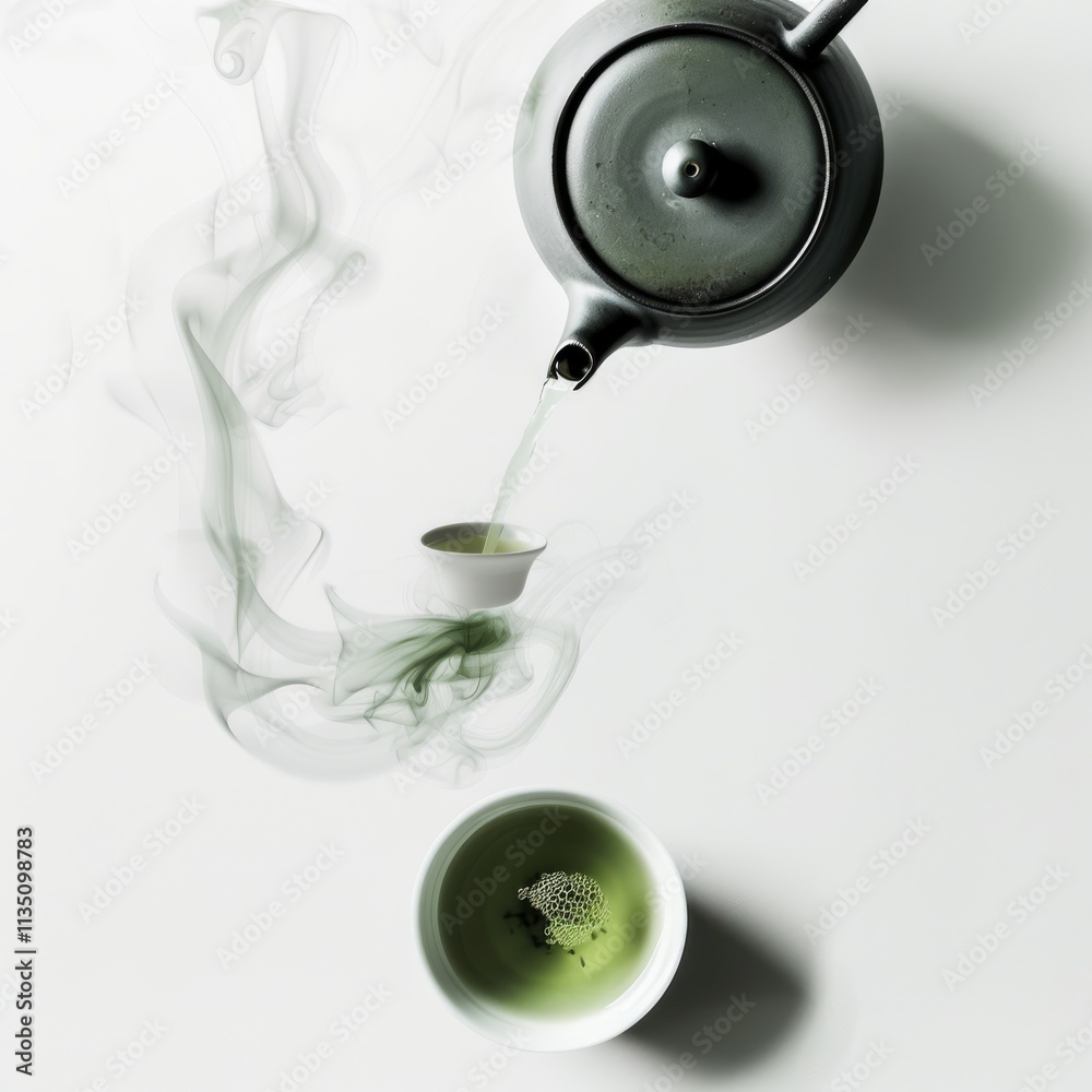 A tranquil scene of a traditional Japanese tea ceremony with a teapot pouring green tea into a delicate porcelain cup, steam rising gently, isolated white background A tranquil scene of a traditional Japanese tea ceremony with a teapot pouring green tea into a delicate porcelain cup, steam rising gently, isolated white background
