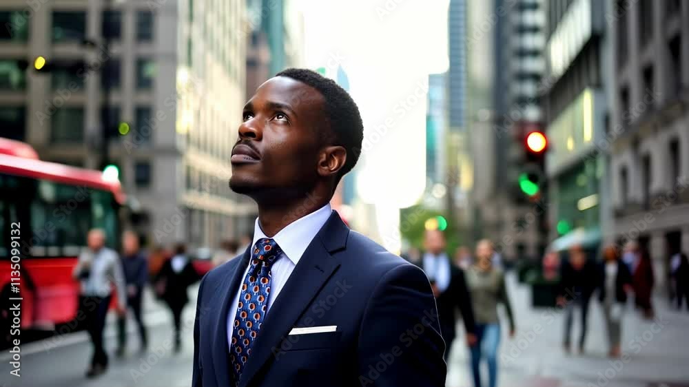 A professional businessman in a suit gazes upwards on a city street with a red bus in motion.