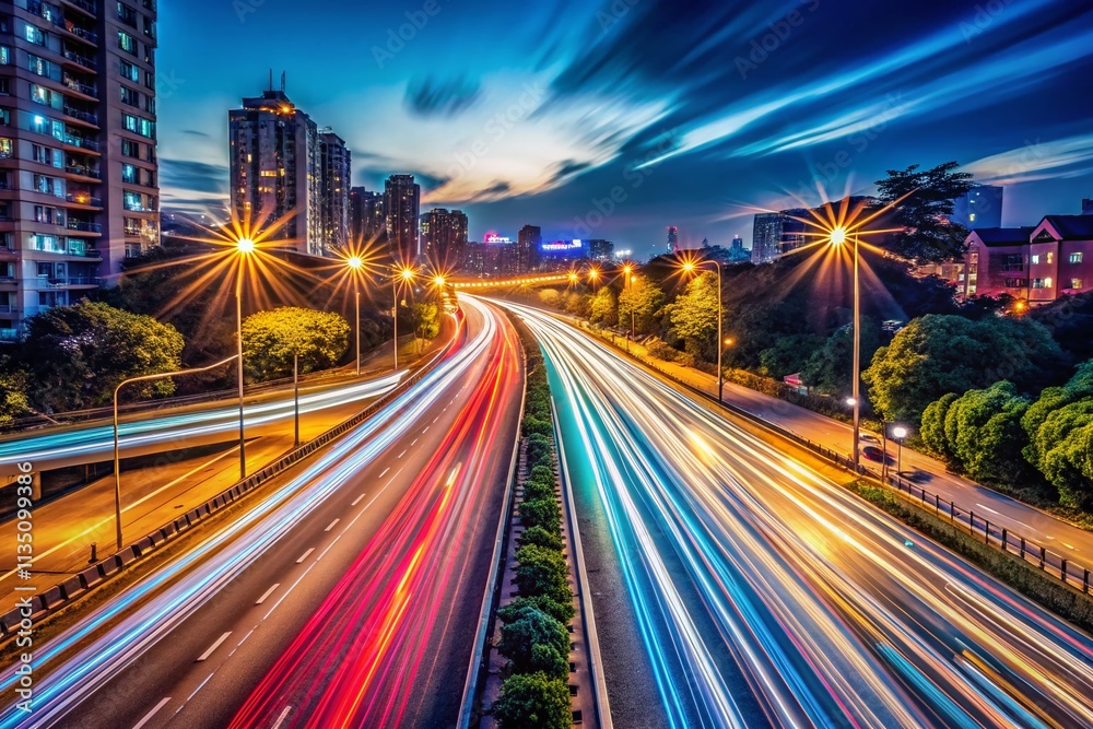 Panoramic Capture of Vibrant Light Trails on a Dark Night, Showcasing Intense Road Movement and Dynamic Urban Atmosphere for Stunning Visual Appeal Panoramic Capture of Vibrant Light Trails on a Dark Night, Showcasing Intense Road Movement and Dynamic Urban Atmosphere for Stunning Visual Appeal