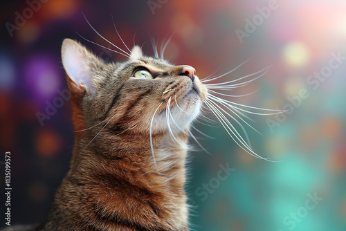 Adorable cat with whiskers and fur, gazing with bright eyes against a colorful background