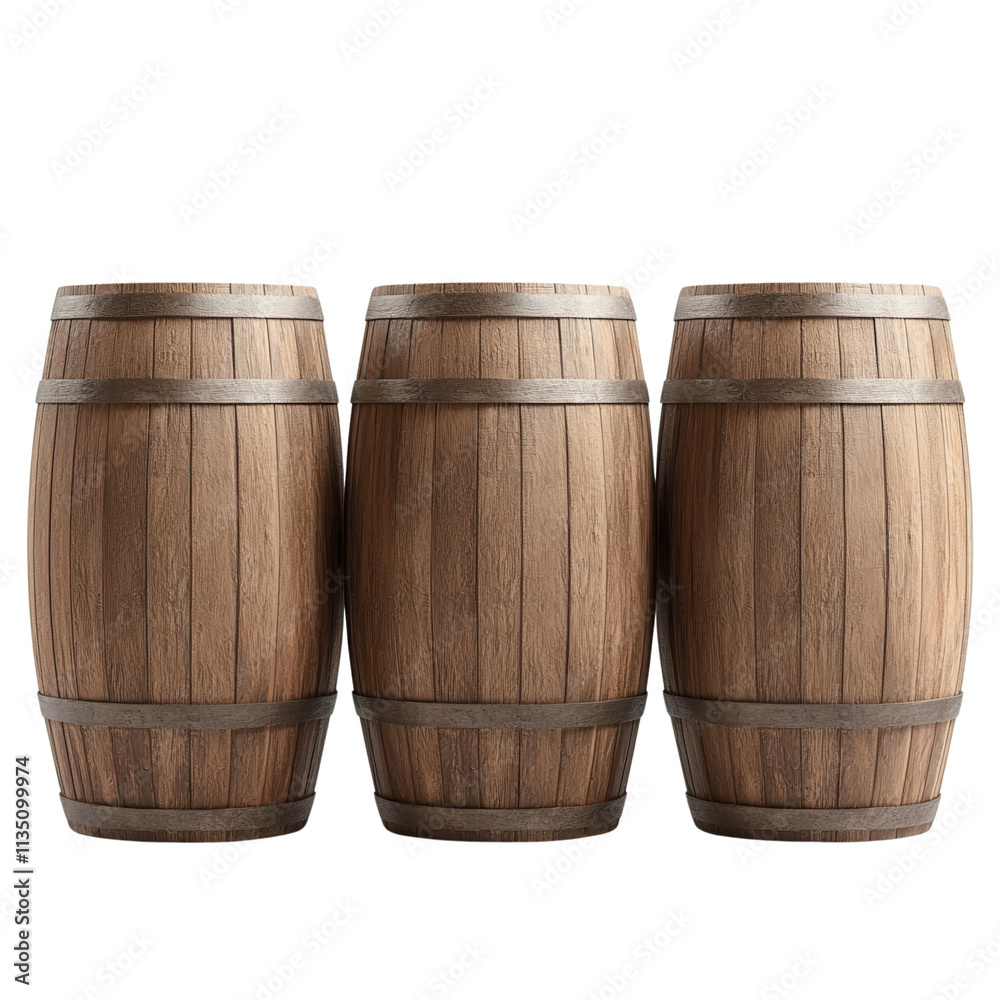 Three wooden barrels with metal bands, showcasing a rustic design perfect for storage or decoration isolated on white background Three wooden barrels with metal bands, showcasing a rustic design perfect for storage or decoration isolated on white background