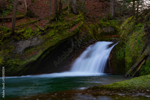 waterfall, eistobel, allgäu, isny, river, creek, stream, moss, forest, autumn, leaves, rock, mountains, alps, water