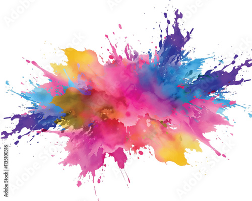 Bright colorful watercolor splash splatter stain brush strokes on white background. Modern vibrant aquarelle spot. Rainbow trendy isolated design on white. Element. Vector watercolor illustration.	