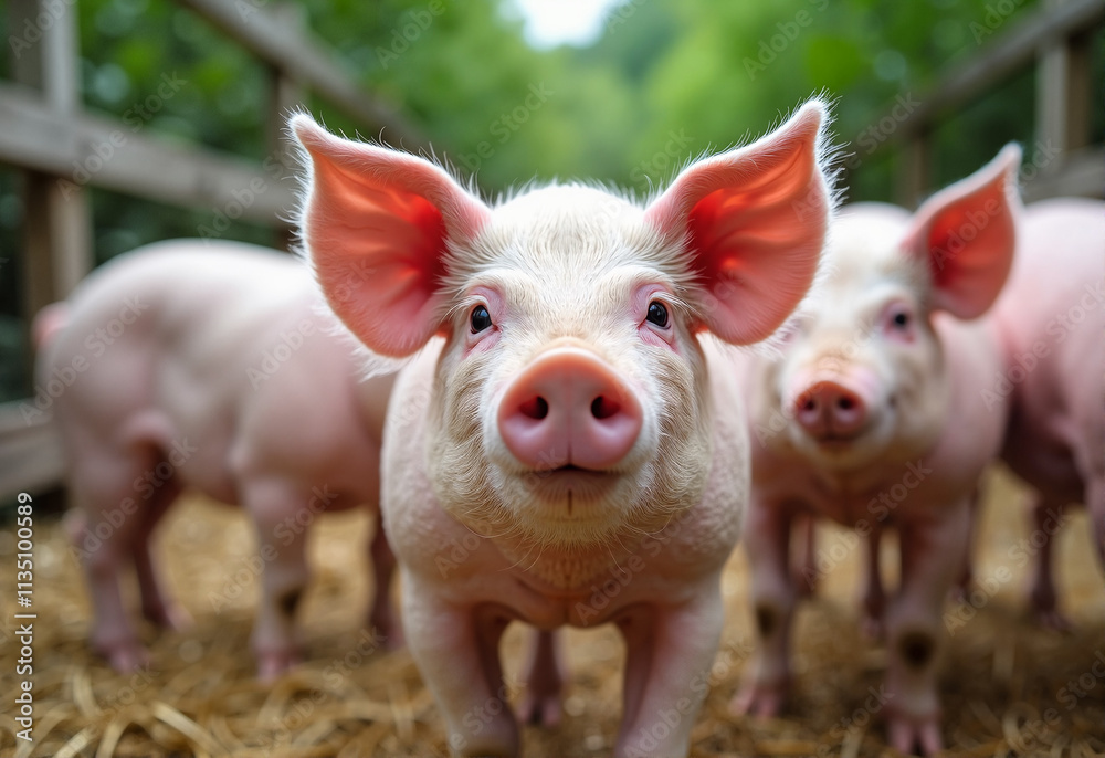 Cute pigs posing playfully in a farm environment Cute pigs posing playfully in a farm environment