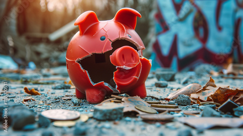 Broken Piggy Bank Representing Bankruptcy: Loss of Savings and Financial Struggles