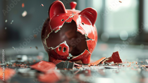 Broken Piggy Bank Representing Bankruptcy: Loss of Savings and Financial Struggles