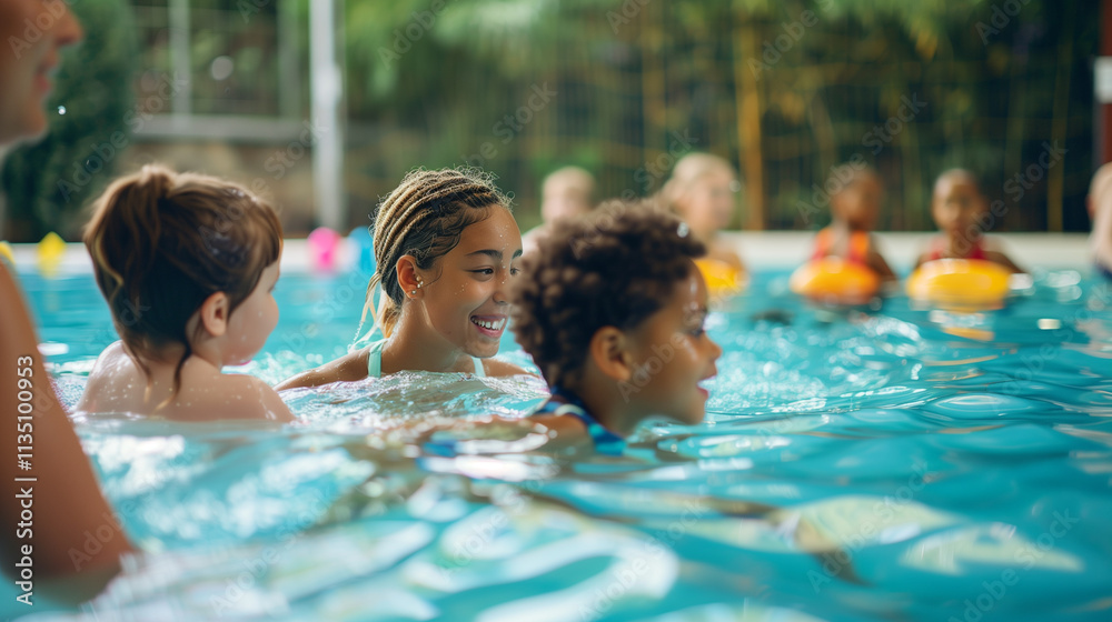 Obraz premium Children with a Tutor in the Pool: Fun Summer Learning and Education