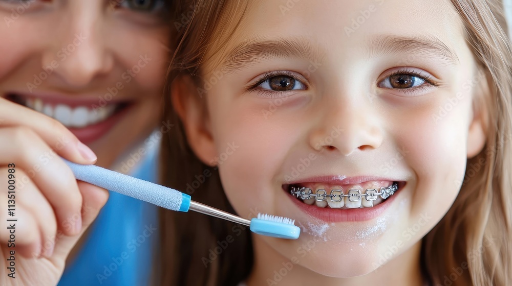 Happy Child Brushing Teeth with Braces and Parent Support Happy Child Brushing Teeth with Braces and Parent Support