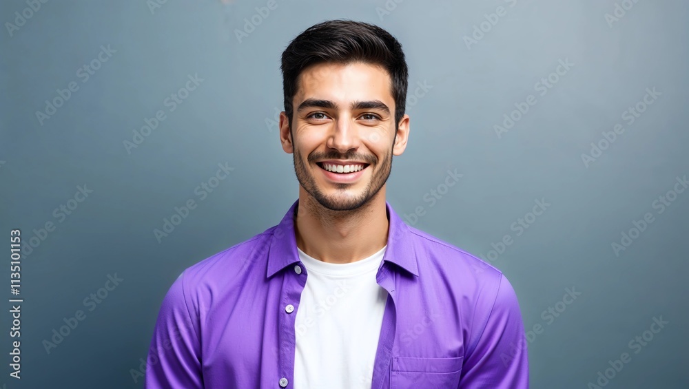 Close-up portrait of young handsome smiling man wearing purple shirt and white t-shirt Close-up portrait of young handsome smiling man wearing purple shirt and white t-shirt
