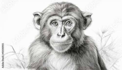 Monkey sketched in pencil on white background
