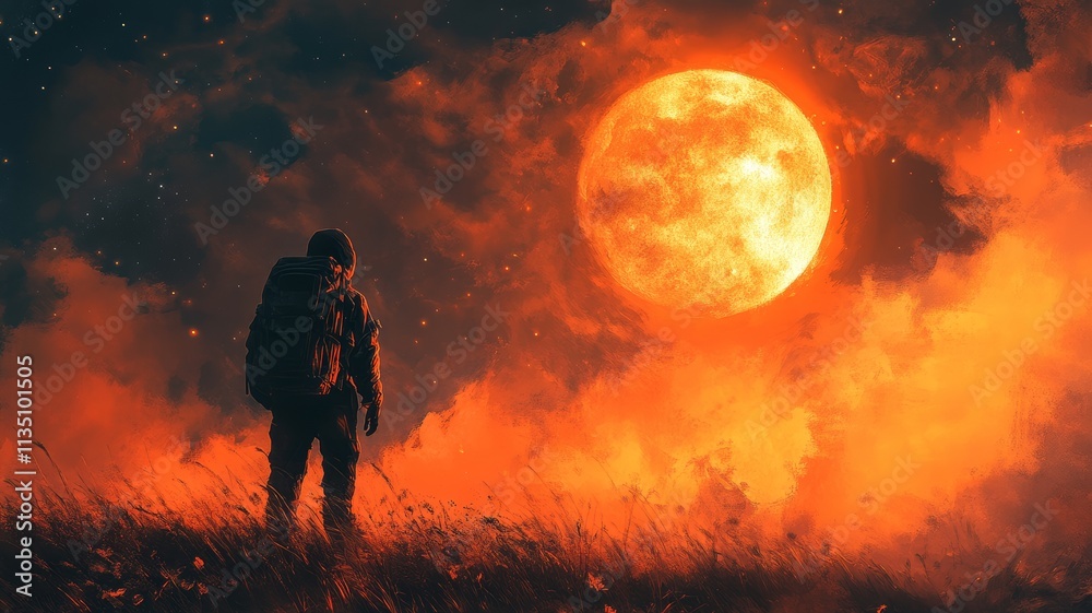 Fototapeta premium Solitary Traveler Under a Crimson Moon: A Digital Painting.