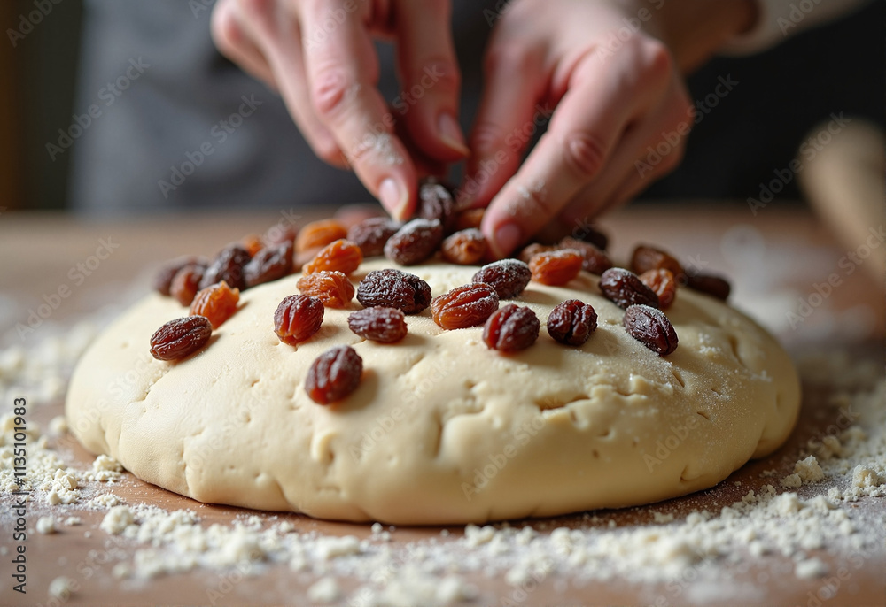 Raisins Folded into Bread Dough with Flour Dusting Raisins Folded into Bread Dough with Flour Dusting