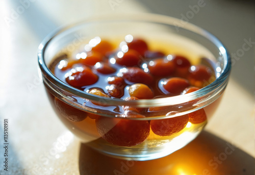 Raisins Soaking in Warm Water on Bright Kitchen Counter photo