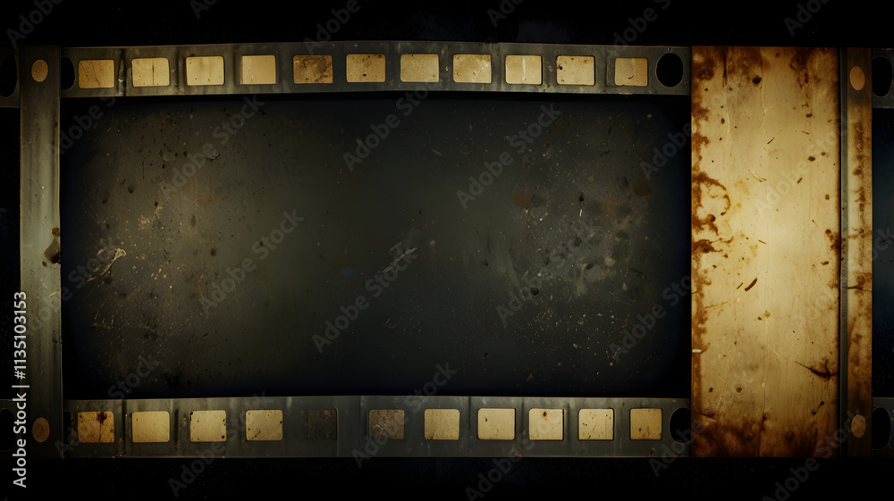 Obraz premium Vintage Filmstrip: A weathered, aged filmstrip with a dark, textured background and faded edges, capturing a timeless sense of nostalgia and the beauty of forgotten stories.