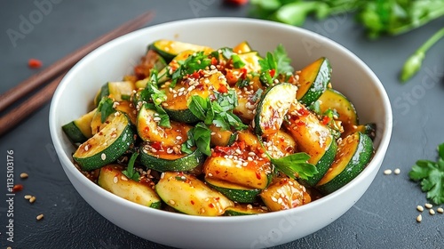 Delicious stir-fried zucchini medley kitchen food photography bright environment close-up