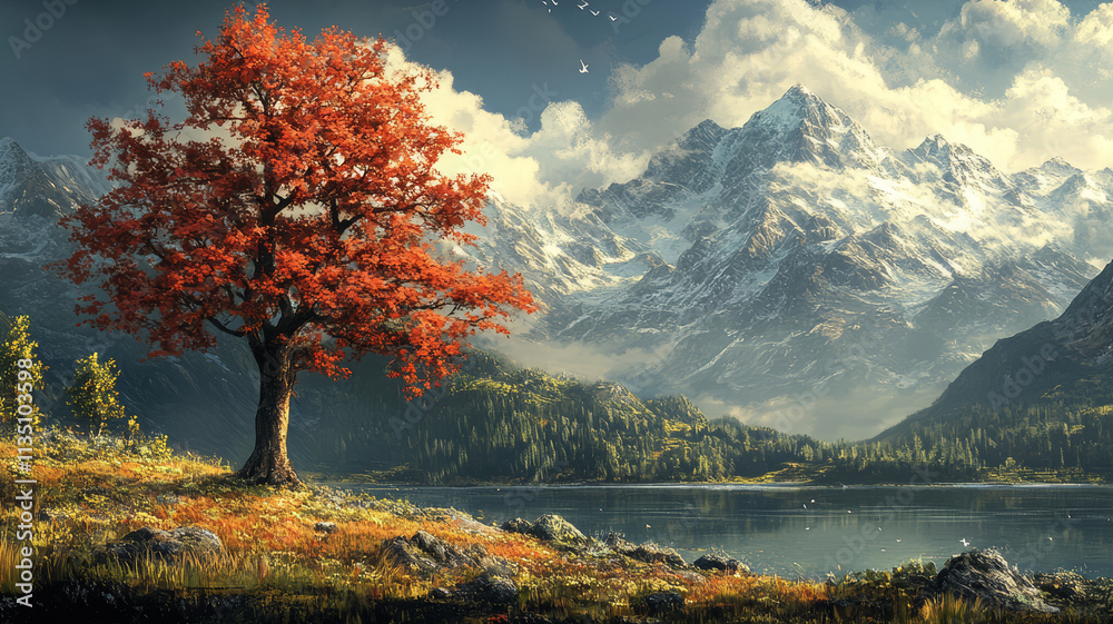 Autumnal Serenity: A Solitary Maple by a Mountain Lake. Autumnal Serenity: A Solitary Maple by a Mountain Lake.