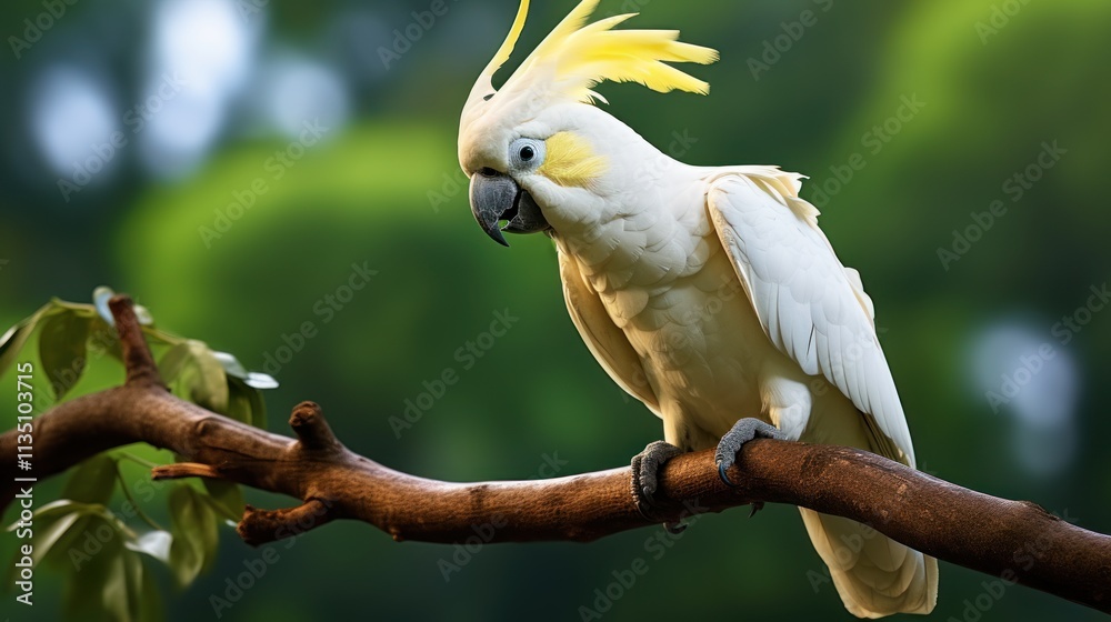 Cockatoo parrot (Cacatua galerita Sulphur-crested) sitting on a green tree branch .White and yellow cockatoo with nature green background. Cockatoo parrot (Cacatua galerita Sulphur-crested) sitting on a green tree branch .White and yellow cockatoo with nature green background.