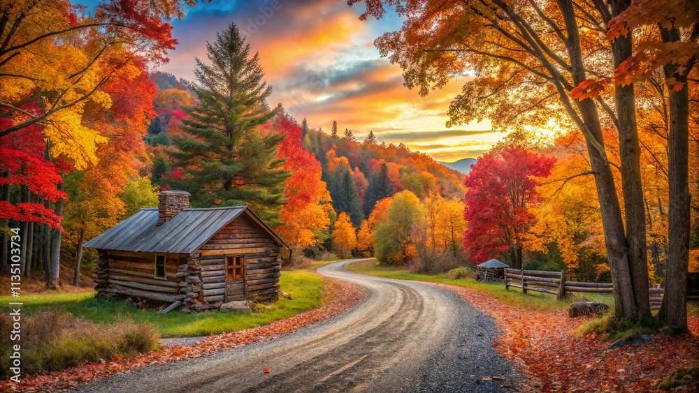 Fototapeta premium Panoramic View of a Winding Dirt Road Leading to a Cozy Log Cabin Surrounded by Vibrant Autumn Foliage in a Scenic Forest Landscape