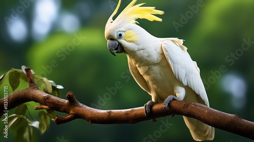 Cockatoo parrot (Cacatua galerita Sulphur-crested) sitting on a green tree branch .White and yellow cockatoo with nature green background. photo