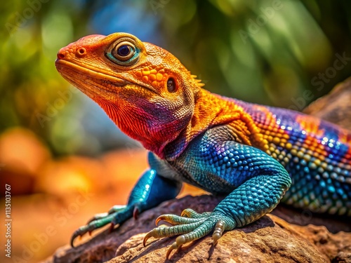 Panoramic View of a Wild Agama Lizard Basking in Bright Sunlight on a Rock in Its Natural Habitat, Showcasing Detailed Textures and Vibrant Colors of the Surrounding Landscape photo