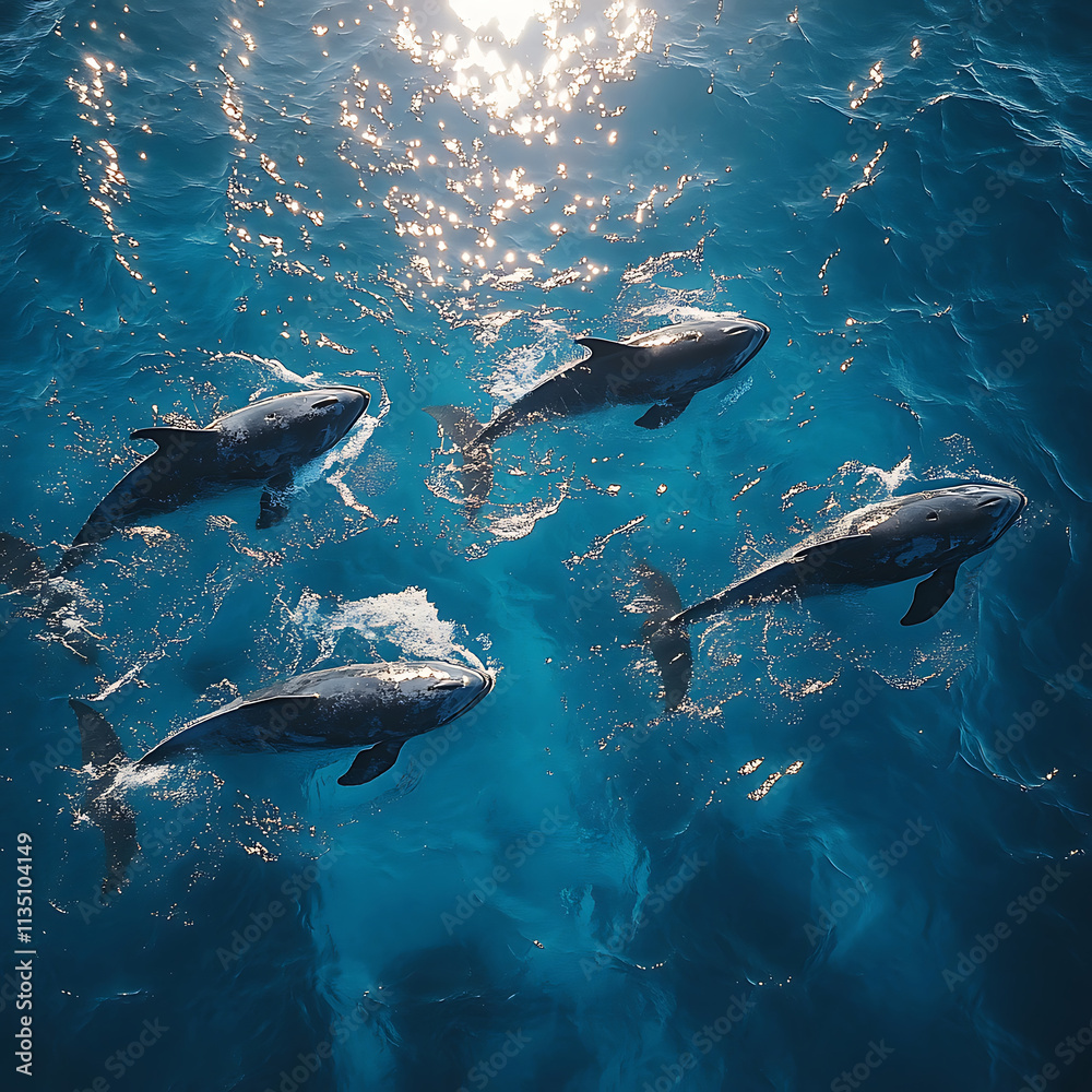 Fototapeta premium Group of Dolphins Swimming in Clear Blue Water