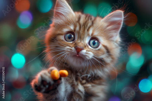 Adorable playful kitten with blue eyes reaching out with paw in dazzling colorful background