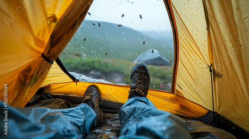 Male Hiker's Feet Inside Tent with Mosquitoes Waiting – Adventure Outdoors