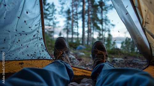 Male Hiker's Feet Inside Tent with Mosquitoes Waiting – Adventure Outdoors