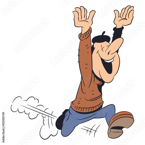 Funny happy man running waving his arms.