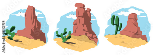Set landscapes desert with mountains and cactus.