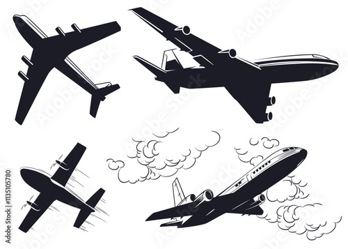 Set silhouettes passenger aircraft.