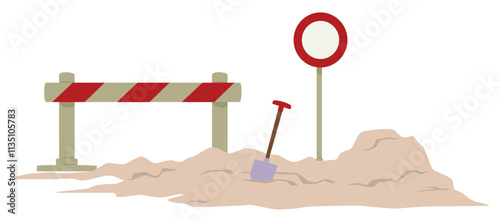 Repair work. Sign and barrier prohibiting passage.