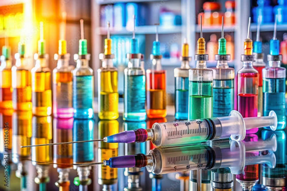 Panoramic View of Rows of Syringes in a Clinical Setting Highlighting Vaccination and Medical Preparedness with Focus on Health and Safety Measures Panoramic View of Rows of Syringes in a Clinical Setting Highlighting Vaccination and Medical Preparedness with Focus on Health and Safety Measures