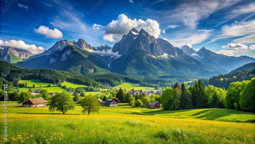 Naklejka premium Panoramic View of Summer Meadows in Garmisch-Partenkirchen with Stunning Waxenstein Peak and Wettersteingebirge Mountains Towards Grainau in the Bavarian Alps