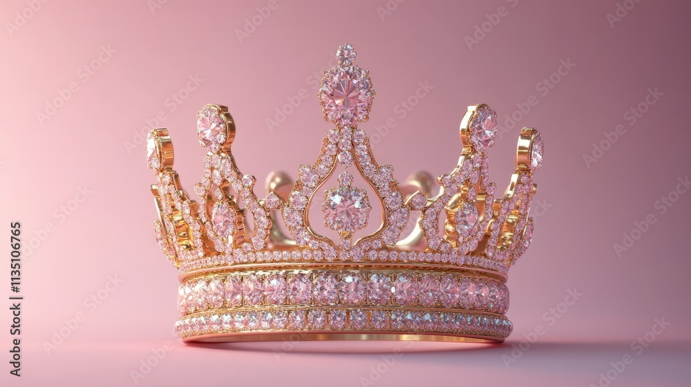 Fototapeta premium Golden crown adorned with sparkling diamonds on a pink background.