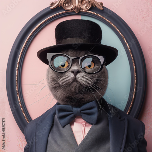 Dapper cat portrait in a suit with top hat and glasses, vintage and stylish gentleman look