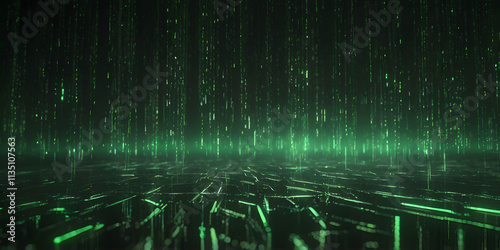 Digital Rain: Abstract background with a futuristic, neon green rain of digital data falling on a grid-like surface.  The image creates a sense of motion and energy.