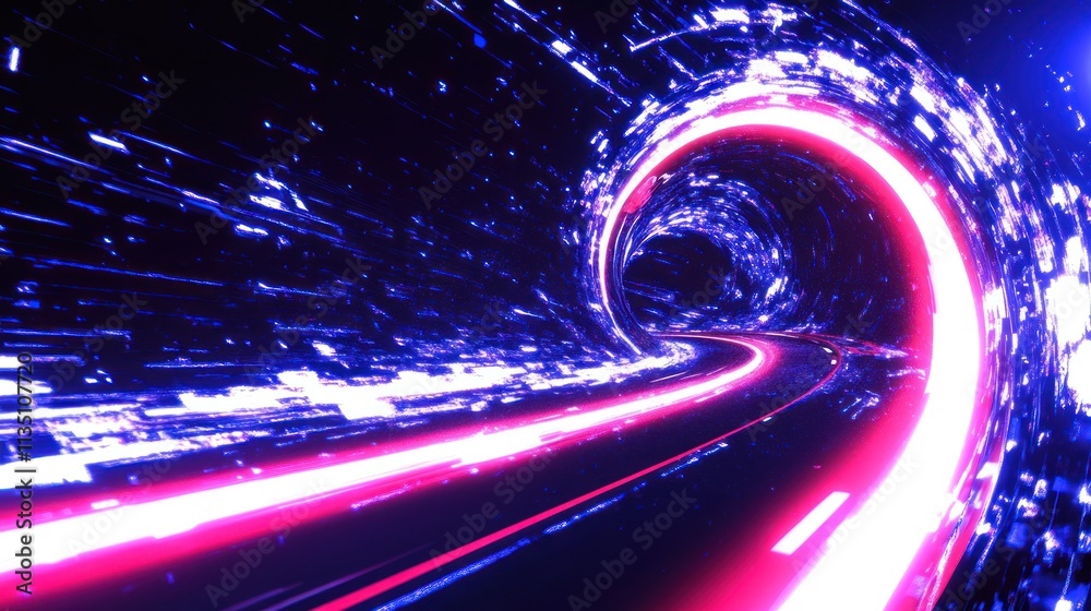 Fototapeta premium A vibrant, futuristic tunnel with light trails, suggesting speed and motion.