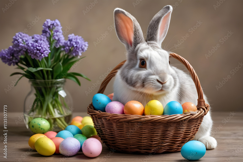 Easter bunny sitting next to basket overflowing with colorful eggs Easter bunny sitting next to basket overflowing with colorful eggs