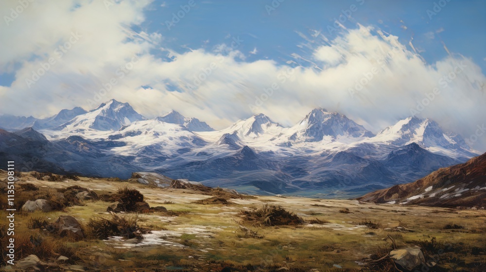 A breathtaking mountain landscape featuring a range of snow-capped peaks under a partly cloudy sky. The foreground includes a softly rolling meadow with scattered rocks and patches of green grass, com A breathtaking mountain landscape featuring a range of snow-capped peaks under a partly cloudy sky. The foreground includes a softly rolling meadow with scattered rocks and patches of green grass, com