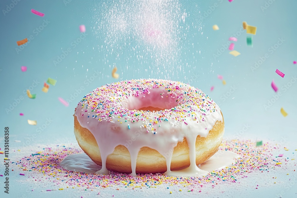 Close-up image of a doughnut with colorful sprinkles and dripping white glaze, on a pastel background. Background, wallpaper, banner, poster. Close-up image of a doughnut with colorful sprinkles and dripping white glaze, on a pastel background. Background, wallpaper, banner, poster.