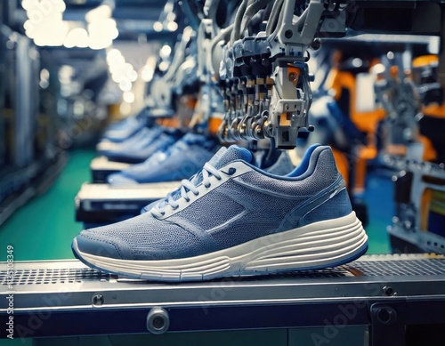 Shoe factory, A sleek blue sneaker is showcased on a conveyor in a modern factory, surrounded by automated machinery and other shoes in the background.