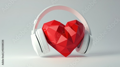 Low Poly Red Heart with White Headphones