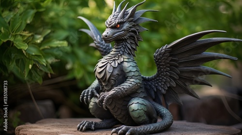 A detailed and intricate model of a dragon, featuring a strong, muscular body and large wings, sitting gracefully on a stone amongst lush green foliage. The dragon has exquisite scales, highlighted wi photo