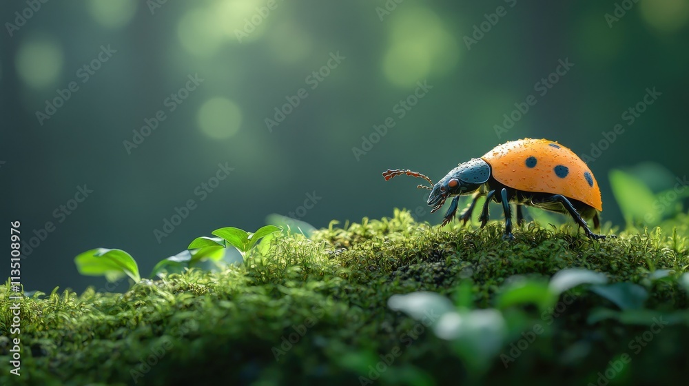 Obraz premium Orange Ladybug on Mossy Surface: A Macro Photography of Nature's Beauty
