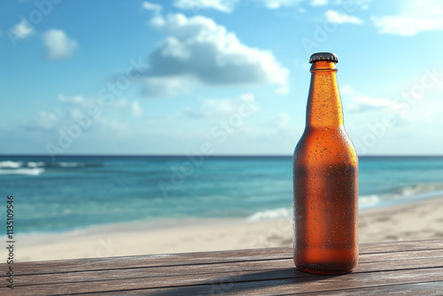 "Chilled Beer Bottle on Wooden Table by Sandy Beach with Clear Blue Sky and Sea"