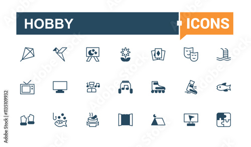 Hobby icon set. Containing linear, vacation, glyph, relax, sea, bus, drink and more. Minimalistic web and UI icons. Editable vector outline and solid icons.