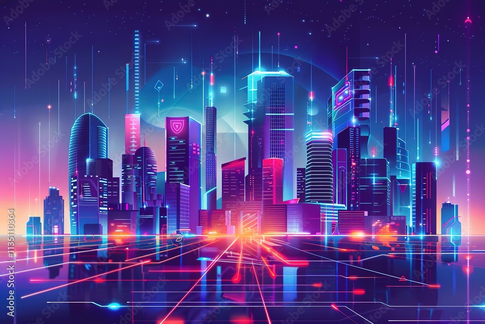 Cityscape with neon lights and a futuristic feel Cityscape with neon lights and a futuristic feel