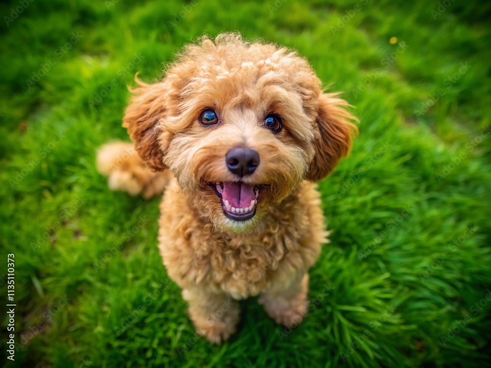 Playful Toy Poodle on Green Lawn Captured in Drone Photography, Showcasing a Happy, Young Puppy Looking Directly at the Camera with Joyful Expression and Lush Environment Playful Toy Poodle on Green Lawn Captured in Drone Photography, Showcasing a Happy, Young Puppy Looking Directly at the Camera with Joyful Expression and Lush Environment